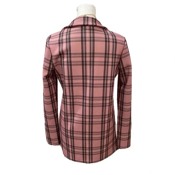 PRETTY LITTLE THING Open Front Blazer Sz 4 Small Pink Plaid Jacket Preppy Slim - Picture 5 of 8